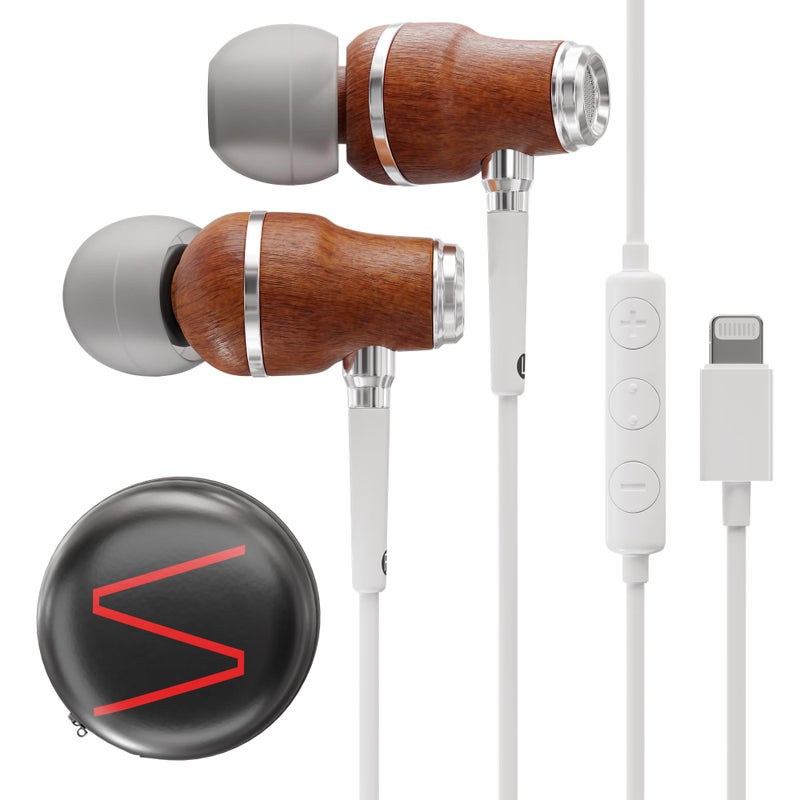 Symphonized iPhone Earphones Wired Deep Bass Sound, 3D Sound, Microphone Volume Control, 90% Noise Cancelling, Bubinga Wooden with Lightning (Apple MFI Certified), iPhone SE to 14 Earbuds (White) - Image 1